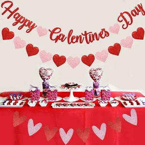 Red Glittery Valentines Day Garland Heart Decorations Happy Valentines Day Party Banner