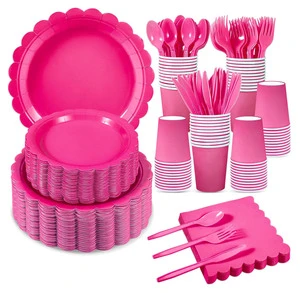 Party Tableware Rose Red Lace Solid Color Birthday Party Decorations Pure Color Disposable Paper Plates and Cups