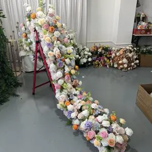 3m Long White Colorful Artificial Flowers Runner Table Floral Decorations for Wedding Bride and Groom