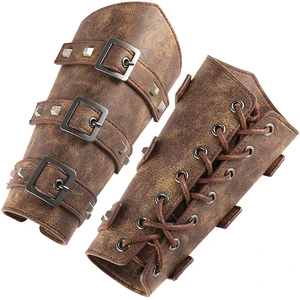 1 Pair Men's Cosplay Props Wide Bracer Lace Arm Armor Cuff Brown Synthetic Steampunk Medieval Gauntlet Wristband