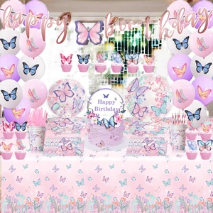 Disposable butterfly fairy Theme Cutlery Set Holiday Birthday Party Decoration Supplies Paper Plate Cup Flag Napkin Set