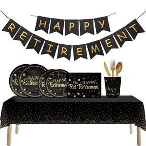 Modern Retirement Party Decoration Set Includes Banner Paper Tray Towels Cups Tablecloths and Cutlery