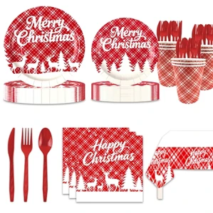 Modern Christmas Reindeer Christmas Tree Theme Disposable Paper Tableware Party Supplies Set Plates Tablecloth Party Favors