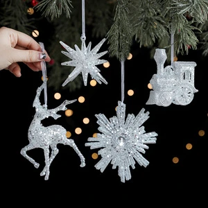 Glitter Snowflake Elk Christmas Tree Ornaments Hanging Christmas Tree Baubles for Xmas Tree Wreath Wall Fireplace Window Decor