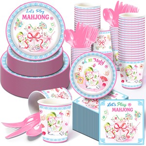 Huancai Mahjong Party Supplies Paper Plates Cups Napkins Disposable Tableware Set for Mah Jong Game Birthday Party Decorations