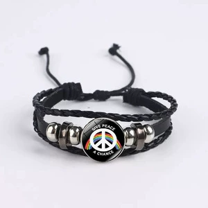 PK 2026 Peace Sign Alloy Unisex Retro Punk Multi-Layer Beaded Braided Bracelet with Give Peace a Chance