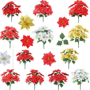 Bulk Artificial Silk Poinsettia 7 Head Christmas Faux Flower Stem Holiday Tree Ornament New Year Party Decoration
