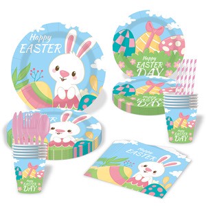Happy Easter Bunny Egg Themed Party Disposable Paper Tableware Cutlery for Easter Celebrations Spring Garden Party Decor