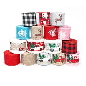 Custom Snowflake Printed Christmas Wired Ribbon Roll 2.5inch Christmas Tree Plaid Linen Burlap Wired Ribbon