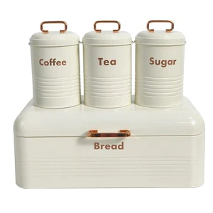 4-Piece Large Black Farmhouse Bread Tin Metal Bread Box With Tea Coffee Sugar Container Set