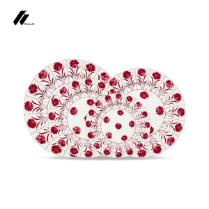 Red Daisy Bone China Dinner Plate Set, Handmade Printed Floral Ceramic Tableware For Wedding & Banquet Dining Decoration