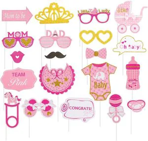 20 Pcs Lovely Pink Gold Baby Shower Photo Booth Props Halloween Party Supplies Including Photobooth Stick Decorations Unique