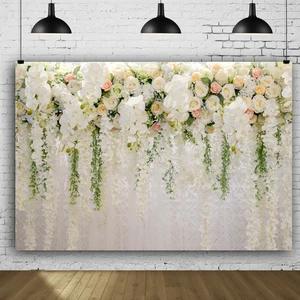 Bridal Shower Vinyl Wedding Floral Wall Backdrops Clearance White and Green Wisteria Rose Flowers Dessert Table Decoration