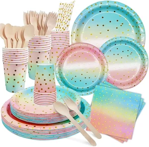 Blue Pink Gold Stamping Disposable Valentine's Day Party Supplies Kit Plates Tableware Centerpieces Eco-Friendly Table