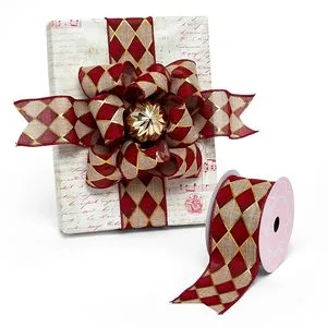 Holiday Harlequin Floral Print Faux Linen Wired Ribbon for Christmas Birthday Halloween Gift Wrapping Made Grosgrain Polyester