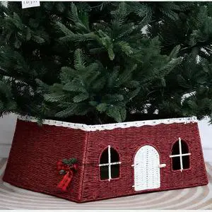 Vintage Style Rattan Christmas Tree Stand with Brown Gray Decorative Base Coffee Tree Skirt Fence-Stand Accessories