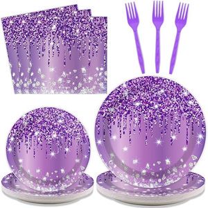 96 Pieces Purple Diamond Series Themed Tableware Set Purple Birthday Party Navy Purple and Silver Themed Party Decorations