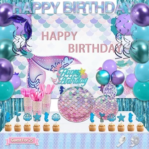 Mermaid Party Decorations Kit Disposable Dinnerware Set with Backdrop Balloon Banner Tablecloth Knives Forks Spoons Cake Topper