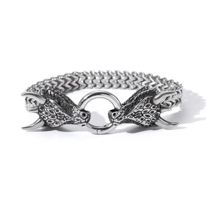 Men's Stainless Steel Viking Dragon Head Magnetic Wristband Cuff Bracelet Silver Plated Punk Style