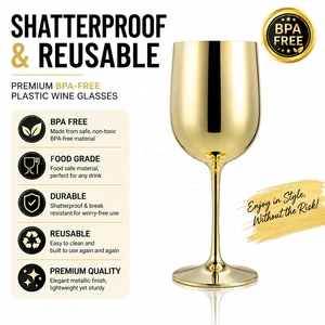 16 OZ Plastic Gold Goblet Champagne Glasses for Wedding Anniversary Party