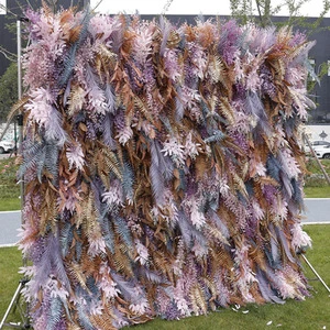 Colourful Artificial Floral Wall for Wedding Event Decor Plastic Gold Leaves Flower Backdrop