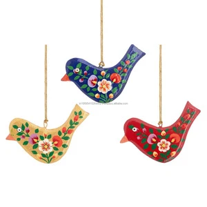 Handmade Wooden Bird Christmas Ornaments With Floral Design Traditional Holiday Decorations For Tree Hanging