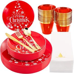 BST 175pcs Christmas Disposable Party Dishes Set Red Gold Plastic Plate with Cutlery Cups and Napkins New