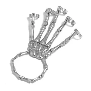 New Unique Punk Skeleton Hand Bone Versatile Five Finger Ring Fine Bangles Adjustable One Chain Halloween Bracelet Unisex