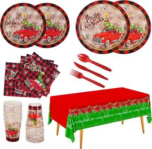Christmas Party Supplies Disposable Round/Square Paper Plates Napkins Cups Knives Spoons Forks Tablecloth Merry Decorations