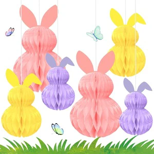 6 Pcs Easter Party Decoration - 3D Honeycomb Pendant of a Rabbit Festival Decoration - Easter Rabbit Honeycomb Ball