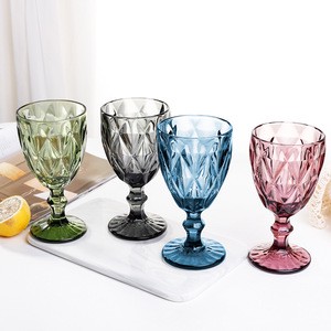 Wholesale Colored Embossed Vintage Goblet Retro Luxury Pressed Drink Clear Wine Glasses Cups for Wedding Party Event Rental Bar