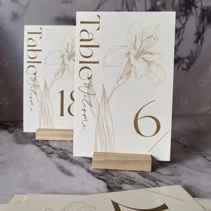 Custom Gold Foil Iris Floral Table Number Cards, Ivory Cardstock Wedding Seating Signs for Reception