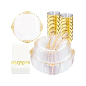 Clear Gold Plastic Plates Dinnerware Sets for 25 Guests Disposable Plates Plastic Silverware