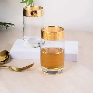 Set 2 Gold-Plated Brass Transparent Durable Lead-Free Minimalist Design Juice Glasses for Cocktail Parties Housewarming/Wedding