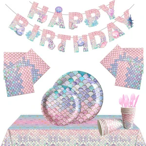 Mermaid Themed Party Set Disposable Paper Tableware Happy Birthday Banner Pool Party Decor for Themed Restaurant