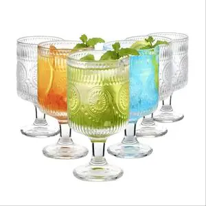 Vintage Hand Blown Embossed Floral Balloon Goblet Glasses 8oz Clear for Iced Tea Wine Beer Juice Cocktail Whiskey