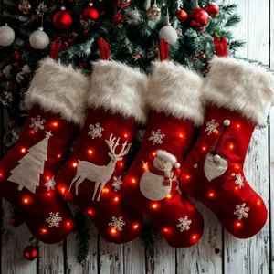 Custom Christmas Stockings with lights Santa Claus Candy Red Embroidery Home Fireplace Decoration Featuring Cartoon Pattern