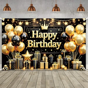 Custom Birthday Decor Wall Banner 71x43in Black Gold Large Poster Balloon Star Sign Photo Backdrop For Birthday Decor Supplies