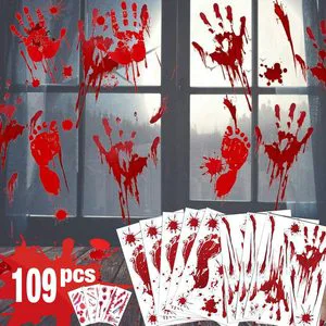109 PCS Spooky Window Stickers for Halloween Party Decorations Bloody Handprint Footprint Halloween Decorations