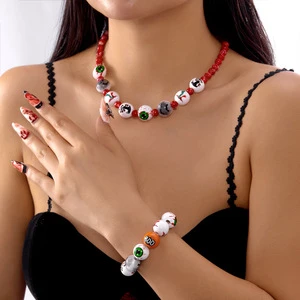 Classic Halloween Accessories Bloodshot Eyes Printed Wooden Bead Bracelet Evil Spider Bat Necklace Bracelet for Women Men