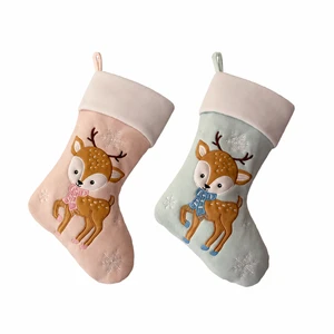 BSCI Factory Direct Personalized Customized Pink Blue Deer Embroidery Christmas Stockings with Pattern for Baby 1st Christmas