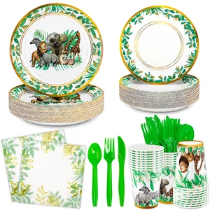 Eco-Friendly Animal Theme Disposable Dinnerware Set Party Decorations Paper Plate Napkin Cup Tableware Party Supplies