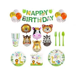 UNK Jungle Zoo Farm Safari Animal Theme Animal Shaped Balloons Decoration Happy Birthday Party Supplies Tableware Set