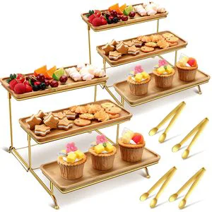 Bamboo Tiered Serving Platters Dessert Table Display Set with 4 Pcs Serving Tongs Rustic Tiered Trays