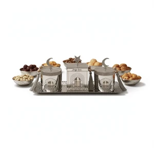 Portable Handmade Durable Islamic Serving Set Stainless Steel Glass Jars Crescent Star Lids Decorative Tray Ramadan Eid Table