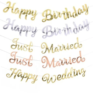 Gold Silver Happy Birthday Hanging Bunting Kids Birthday Wedding Party Decoration Just Married Banner Happy Wedding Banners