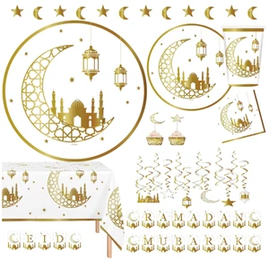 Gold Ramadan Eid Mubarak Decoration Dinner Plates Dessert Plates Cups Banner Table Cover for Ramadan & Eid Muslim Party Supplies