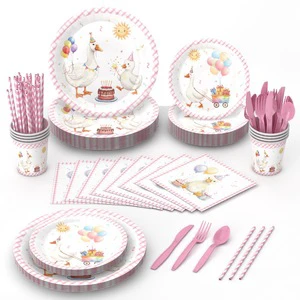 Cross-Border Pink Goose Disposable Tableware for Holidays Paper Plate Cup Napkin Party Table Decorations Set