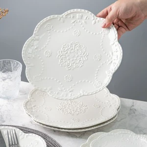 Vintage Embossed Floral Ceramic Charger Plates, White Scalloped Dinner Plates for Wedding, Restaurant & Hotel Tableware