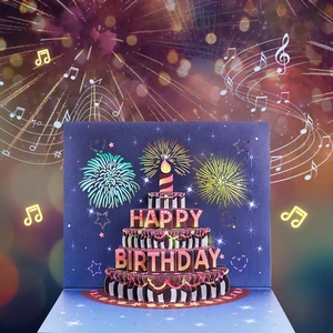 Winpsheng 3D Laser Cut Pop-up Birthday Greeting Card With Light Music Fireworks 3d Pop Up Card